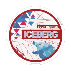 A direct overhead view of a circular, white tin of Iceberg Extreme Sour Berries Snus. The packaging features a sharp, geometric design with a white background intersected by thin red lines. In the upper left, abstract clusters of blue and red triangles visually represent the tart medley of various berries and the refreshing sour zing described in the flavour profile. The brand name 'ICEBERG' is displayed in the centre in a striking holographic silver font against a deep red rectangular block, with the flavour name 'SOUR BERRIES' sitting directly above it. A diagonal red banner labelled 'EXTREME' at the bottom left emphasizes the product's 'extremely strong' classification and 50mg/g nicotine content, while the brand's signature low-poly blue bear head logo is positioned at the bottom right to complete the bold aesthetic.