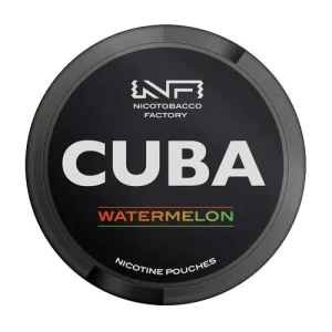 A direct top-down studio shot of a circular black can of Cuba Black Watermelon Snus. The lid features a sleek, matte black background that underscores the product's intense "Black" line identity. The brand name "CUBA" stands out in large, bold light-grey typography across the centre, positioned beneath the "Nicotobacco Factory" logo. Below the branding, the flavour name "WATERMELON" is printed in a gradient font transitioning from reddish-orange to green between two thin lines, visually representing the authentic summer bliss and juicy sweetness of ripe watermelon described in the content. The text "NICOTINE POUCHES" curves along the bottom edge, completing the bold design.