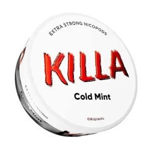 A detailed, angled studio shot of a circular white can of Killa Cold Mint Snus. The packaging is dominated by the brand's signature aggressive, distressed red "KILLA" typography in the centre. Below the logo, the flavour name "Cold Mint" is displayed in bold black text, visually representing the standard mint profile known for its cold yet burning feeling that makes it a favourite among users. Arched across the top in black text is "EXTRA STRONG NICOPODS," while "ORIGINAL" appears in small red letters at the bottom, creating a sharp and clean contrast against the white background.