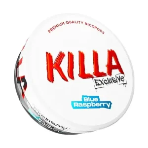 A close-up, angled studio shot of a white circular can of Killa Exclusive Blue Raspberry Snus. The lid displays the brand name "KILLA" in its signature large, jagged, red graffiti-style font. Distinct from the original line, a black "Exclusive" stamp appears just below the logo. The flavour name "Blue Raspberry" is set against a vibrant electric blue background, visually echoing the sweet and tangy raspberry fusion described in the content. The text "PREMIUM QUALITY NICOPODS" curves along the top edge in red capital letters, indicating the product type, while the side of the can displays partial "Exclusive" and blue branding to identify the nicotine pouches within.
