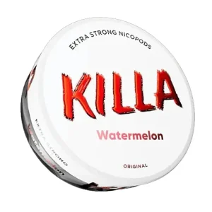 A high-angle, close-up studio shot of a white circular can of Killa Watermelon Snus. The lid features the brand name "KILLA" in a large, jagged, red graffiti-style font. Below the logo, the flavour name "Watermelon" is printed in a soft reddish-pink hue, visually evoking the sweet, fresh, and familiar taste described in the article. The text "EXTRA STRONG NICOPODS" curves along the top edge in black capital letters, indicating the strength of the nicotine pouches inside, while "ORIGINAL" is printed at the bottom. The side of the can is partially visible, displaying the text "Watermelon" and "EXTRA STRONG," reinforcing the product identity of this popular flavour variant.